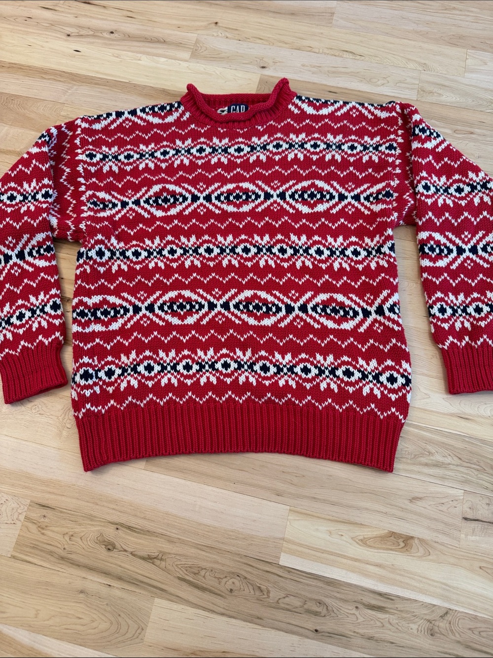 VINTAGE Gap Sweater Mens Red Roll Neck Geometric 90s-100% Cotton-M